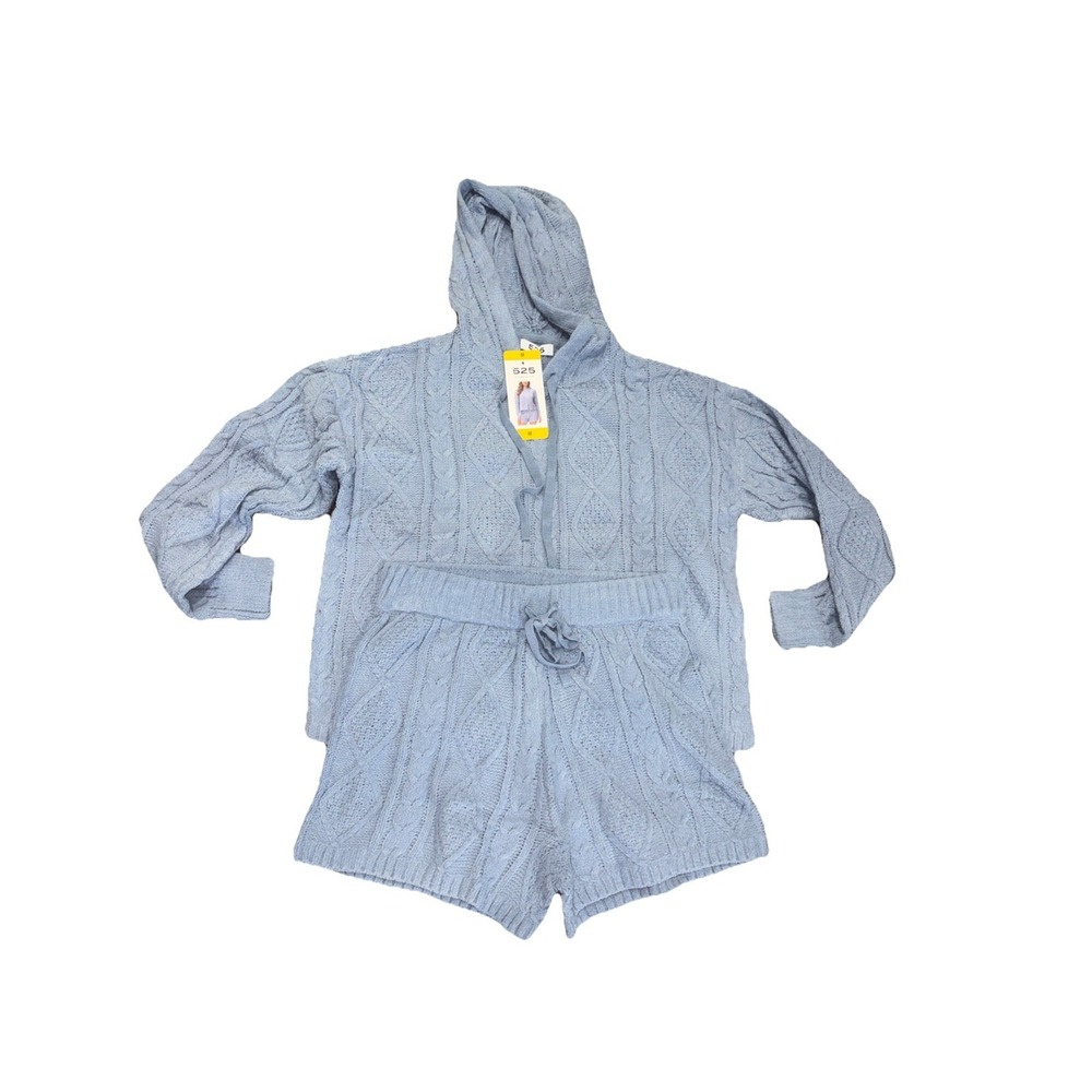 2-pc Hoodie & Short Pajama Lounge Set Plush soft Fluffy Stone Wash Blue Medium